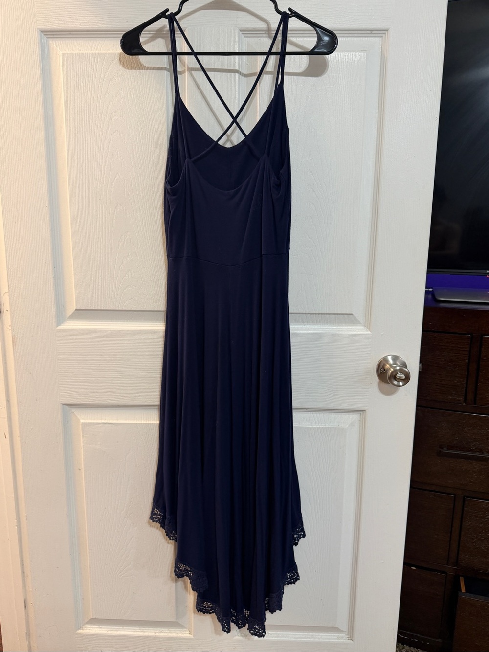 Charlotte Russe Navy Spaghetti-Strap Midi Dress with Lace Trim